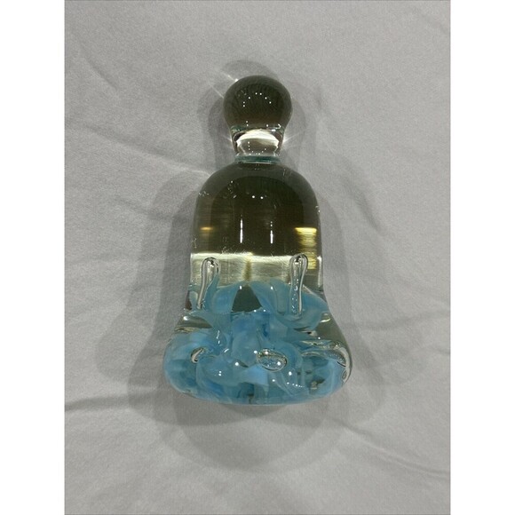 Joe St Clair Bell Paperweight Blue Flowers Art Glass Controlled Bubbles - Picture 6 of 7